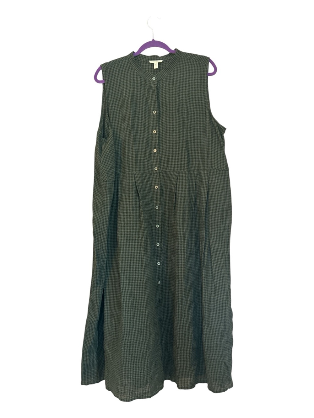 Eileen Fisher Puckered Organic Linen Pleated Shift Midi Dress Seaweed Size 2X - Picture 2 of 12